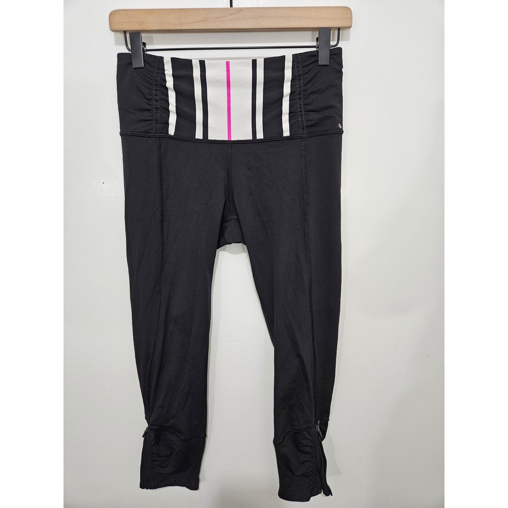Lululemon Run Inspire Crop II Black Striped‎ Waistband Leggings Womens Size 6
